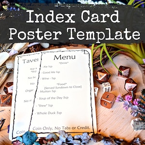 May include: A white index card with a tavern menu printed on it. The menu lists drinks and food items with prices in copper pieces. The card is on a wooden surface with copper dice and flowers.