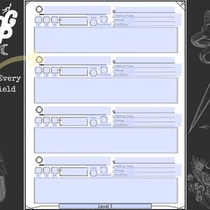 May include: A printable character sheet for a role-playing game. The sheet has four sections for spells, each with fields for casting time, range, and duration. The sheet is labeled "Level 1".