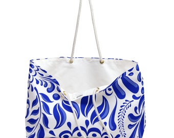 Royal blue white floral rope handle tote bag beach bag large flower gym bag