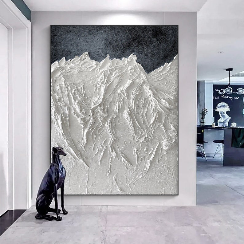 White Textured Wall Art, Black and White Abstract Oil Painting, Black