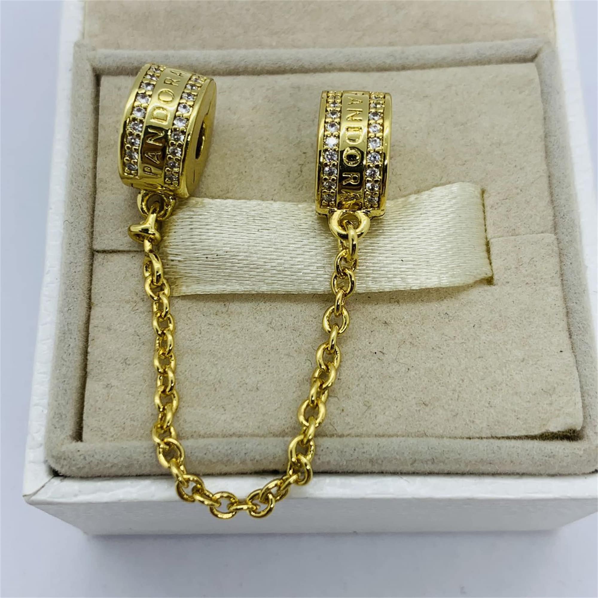 Pandora safety chain Charm Shine with 80 bead charm Gold plated Pendant S925 Sterling Silver Jewelry with Gift Box