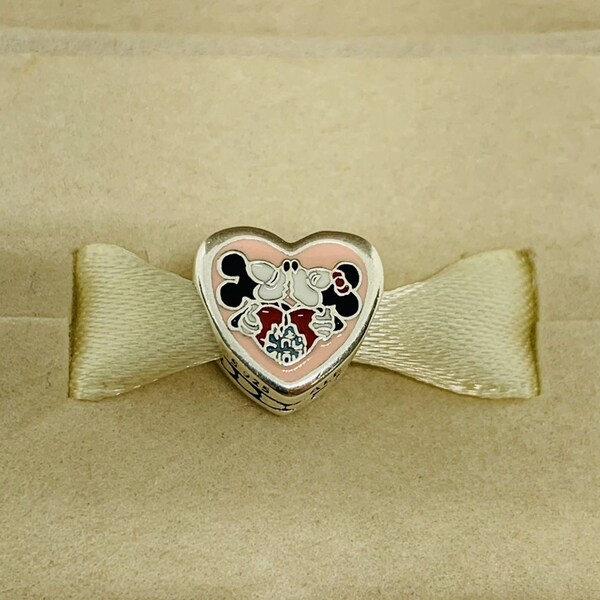 Pandora Mickey and Minnie Mouse Valentines Charm Heart Pendant /Exclusive Enamel Dangle Charm / S925 Sterling Silver