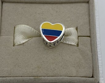 Pandora Colombia Flag Exclusive Heart Charm Bead Charm/Exclusive Enamel Dangle Charm / S925 Sterling Silver