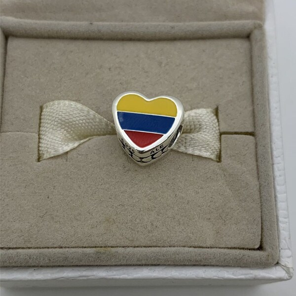 Pandora Colombia Bandera Exclusivo Corazón Charm Bead Charm/Exclusivo Esmalte Colgante Charm / Plata de Ley S925