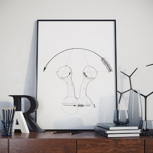 Op de afbeelding: Zwart-witte lijntekening van een biologische illustratie van een paar ogen met de letters "R" en "L" die rechts en links aangeven. De tekening is ingelijst en hangt aan een witte muur boven een houten tafel met een zwarte letter "R" en een witte letter "A" op de tafel.
