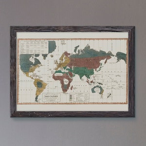 May include: A vintage world map in a brown wooden frame. The map is divided into different colored regions, with a key at the bottom explaining the different regions. The map is titled "Chart of the World".