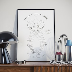 Puede incluir: Un dibujo en blanco y negro de un diagrama científico que representa el ojo y el cerebro humanos. El dibujo está enmarcado en un marco negro y está colgado en una pared blanca. El texto del dibujo dice "precise la mitral?"