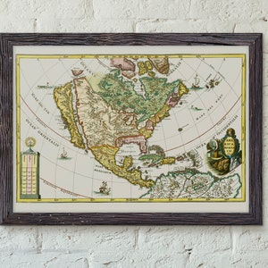 Puede incluir: Un mapa antiguo de América del Norte, enmarcado en madera oscura. El mapa está coloreado a mano y muestra el continente en detalle, con varias características geográficas y nombres de lugares. El título "AMERICA NOVA OCCIDENTALIS" se muestra de forma prominente en la esquina inferior derecha.