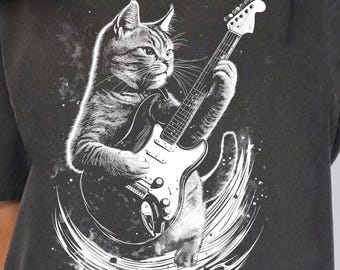 Comfort Colors Cat Guitarist T-Shirt, Funny Rock n Roll Kitty Tee