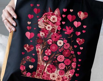 Floral Cat Art Tote Bag: Eco-Friendly Reusable Canvas Shopping Bag