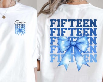 Personalized 15th Birthday Shirt: Blue Bow, Girls Party Tee