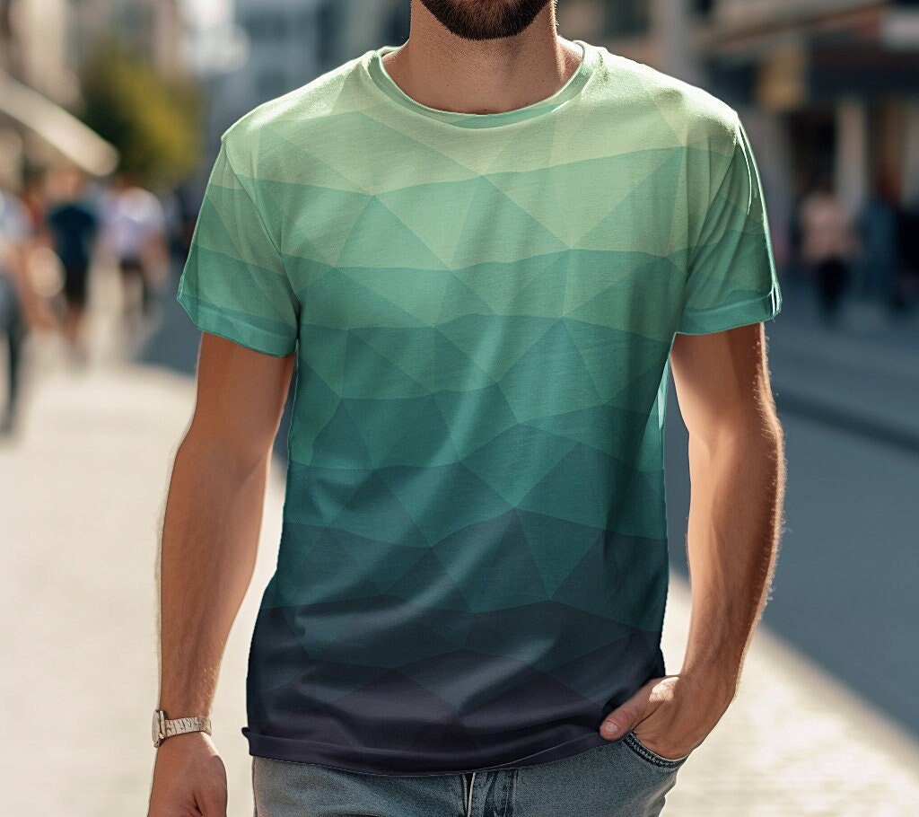 Green Geometric Pattern T-Shirt Gift Ocean Ombre Pattern Tee Shirt Abstract  Polygonal T Shirt Streetwear Tee Gradient Futuristic Tshirt