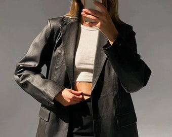 Women Leather Blazer Black Soft Sheepskin Jacket,  Ladies Long Coat Black Leather blazer, Straight Fit Light Weight Blazer, Gift for her,