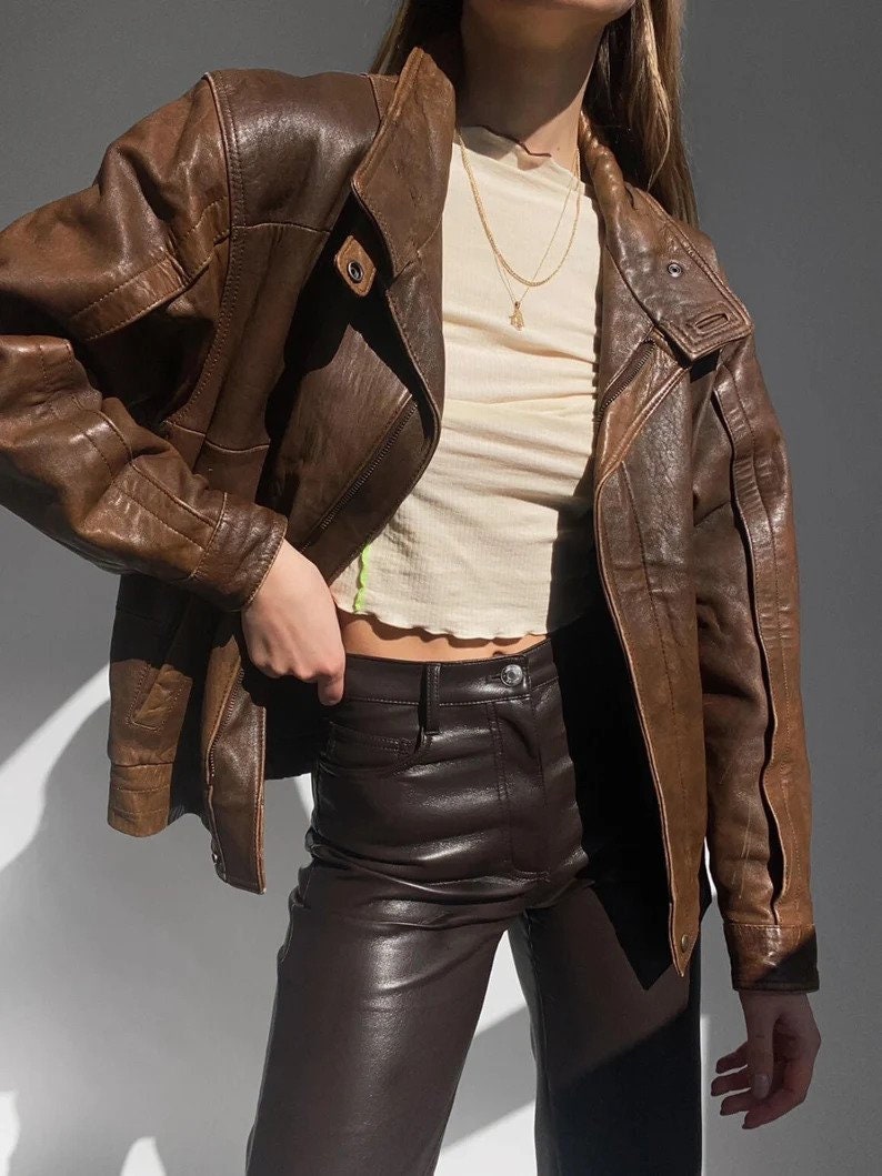 Women 80s Vintage Brown Oversized Jacket, Leather Jacket, Supple Leather Jacket, Classic Leather Jacket, Premium jacket image 2