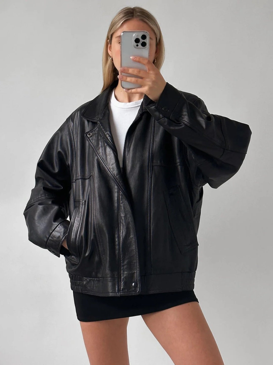 Vintage Oversized Classic Leather Bomber Jacket, Natural Soft Supple Lambskin Leather, Women