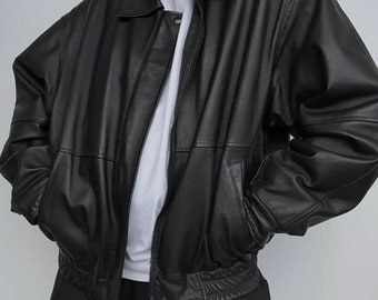 Vintage 90s Women Oversized Bomber Athletic Lambskin Soft Real Leather Jacket ,Casual Wear Oversize Genuine Black Jacket,