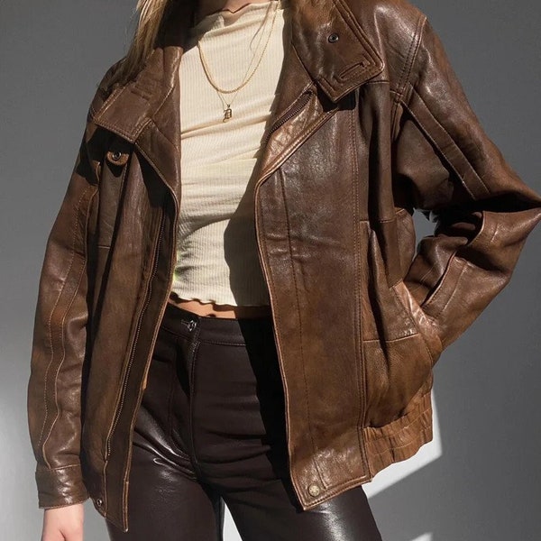 Women 80s Vintage Brown  Oversized Jacket,  Leather Jacket, Supple Leather Jacket, Classic Leather Jacket, Premium jacket