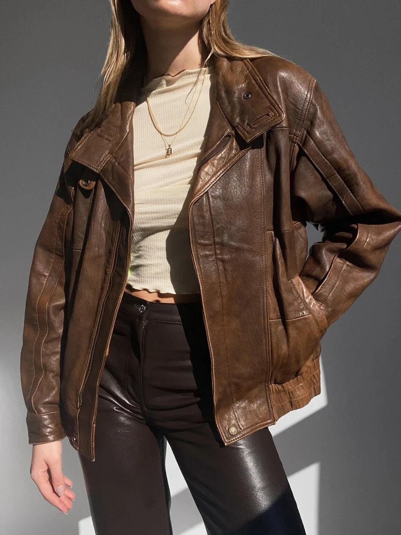 Women 80s Vintage Brown Oversized Jacket, Leather Jacket, Supple Leather Jacket, Classic Leather Jacket, Premium jacket image 1