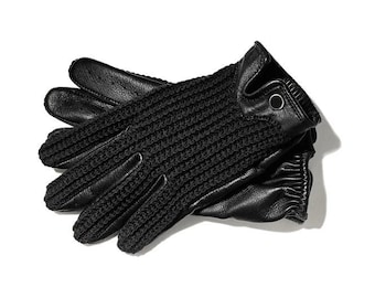 Men's Driving Gloves Black And Crochet Gloves Vintage Real Soft Leather, Mesh Net Car Racing, String back, Driving Gloves