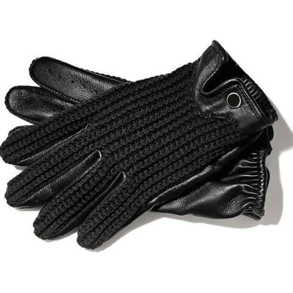 Men's Driving Gloves Black And Crochet Gloves Vintage Real Soft Leather, Mesh Net Car Racing, String back, Driving Gloves