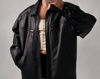Women Black Oversize moto Leather jacket,  Lambskin Genuine Leather Jacket, Ladies Bomber Straight Cut YKK Front Zipper, Gift for HER
