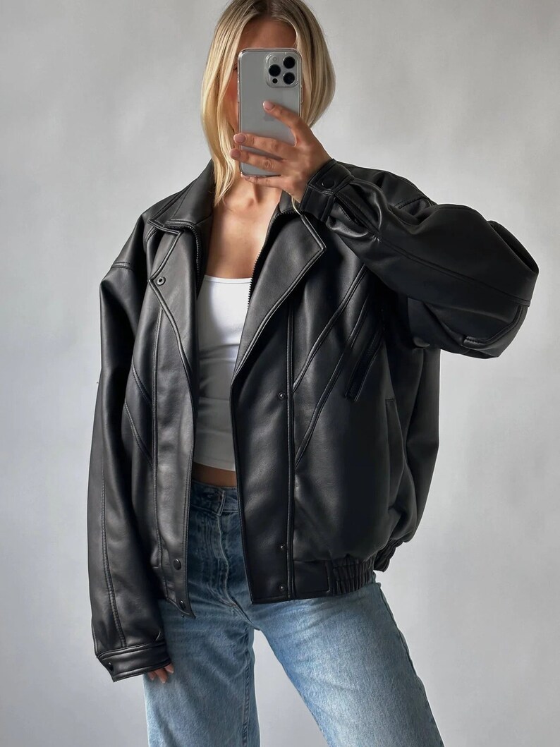 Women Vintage Leather Jacket, Retro YKK Zipper Oversized Leather Jacket
