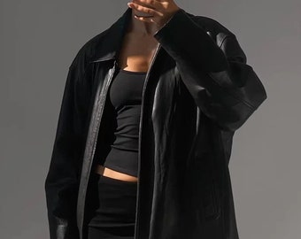 Women Oversize Black Moto Style Bomber Jacket, Original Lambskin Soft Real Leather Jacket , natural leather, Gift for her, gift for women