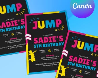 Descarga la plantilla digital de Canva • Invitación para fiesta infantil con trampolín, editable al instante • Invitación de cumpleaños infantil con temática de saltos • ¡Diversión asegurada con saltos y colores vibrantes!