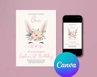 Invitación de cumpleaños de conejito / Un conejito cumple un año / Plantilla editable de Canva / Primer cumpleaños de niña