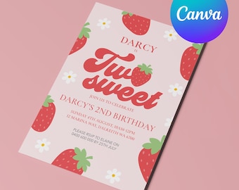 Two Sweet Birthday Invitation | Strawberry Party Invite | Editable Canva Template | Girls 2nd Birthday