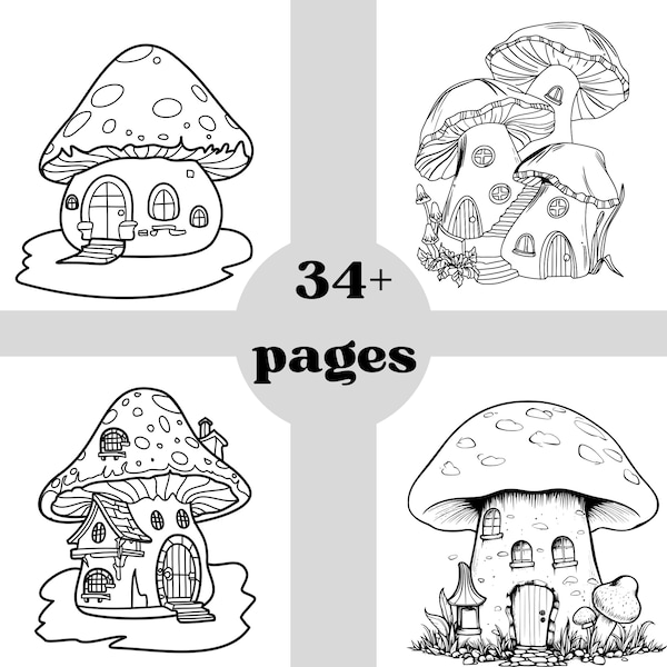 Coloriages champignons fantastiques pour adultes : comme dans les contes de fées Plus de 34 pages de belles maisons champignons mystiques en niveaux de gris