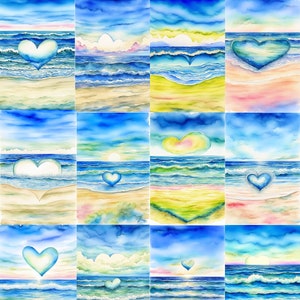 Pacote de clipart de moldura de praia de coração aquarela - 14 PNG, clipart de moldura de praia oceânica para convites, cartões de presente e muito mais, uso comercial.