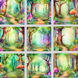 Enchanted Forest Background Clipart, PNG, Watercolor Woodland Background Clipart, Trees, Wall Art, Forest Scene, Magical Mystery Forest