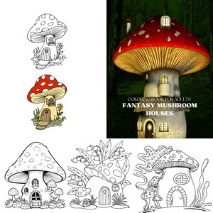 Fantasy Mushroom Houses Coloring Pages for Adults,Beautiful Mushroom Grayscale Houses for Relaxation, Creativity and Anxiety Relief