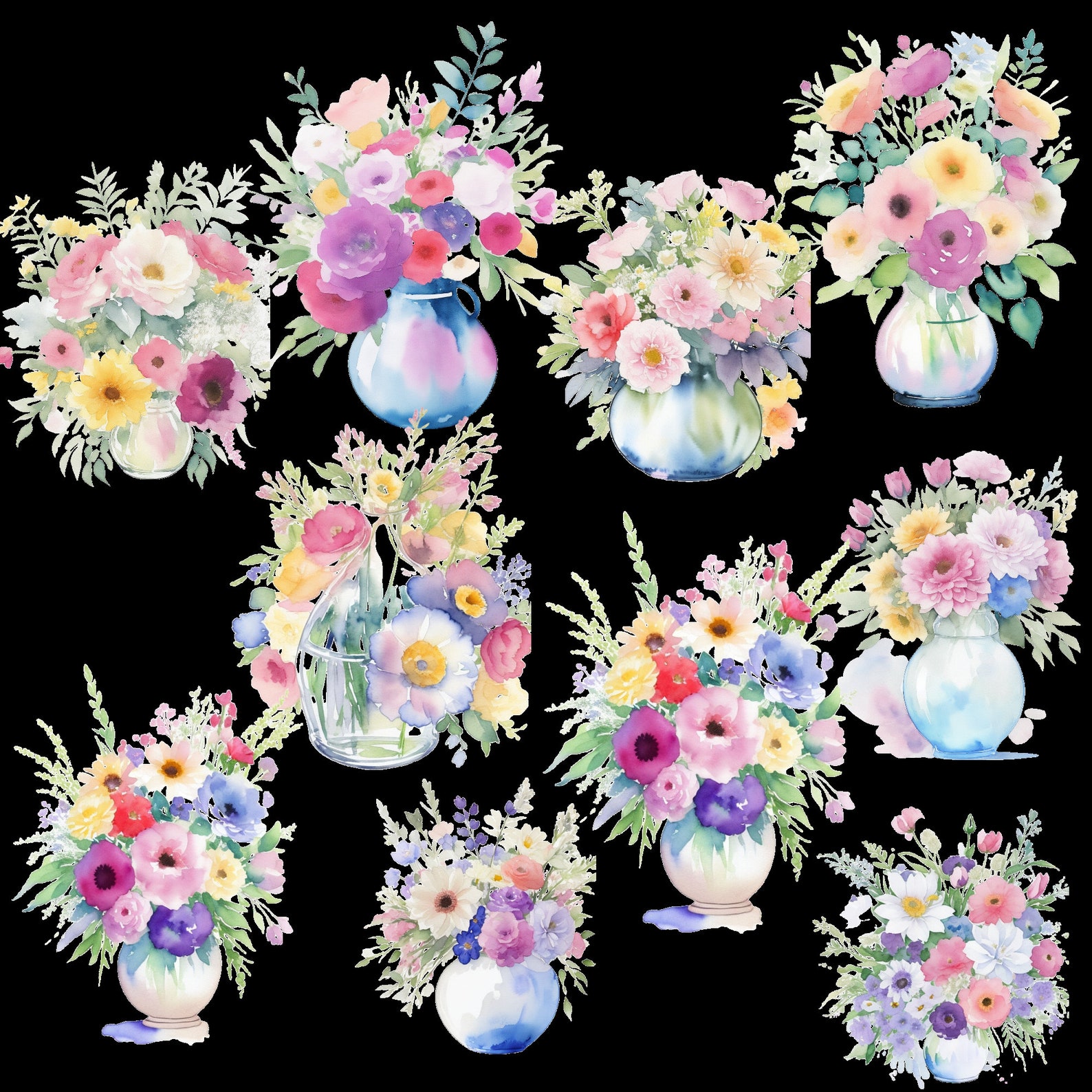 Watercolor Vase of Flowers Clipart - Floral Watercolor Clip Art in PNG ...