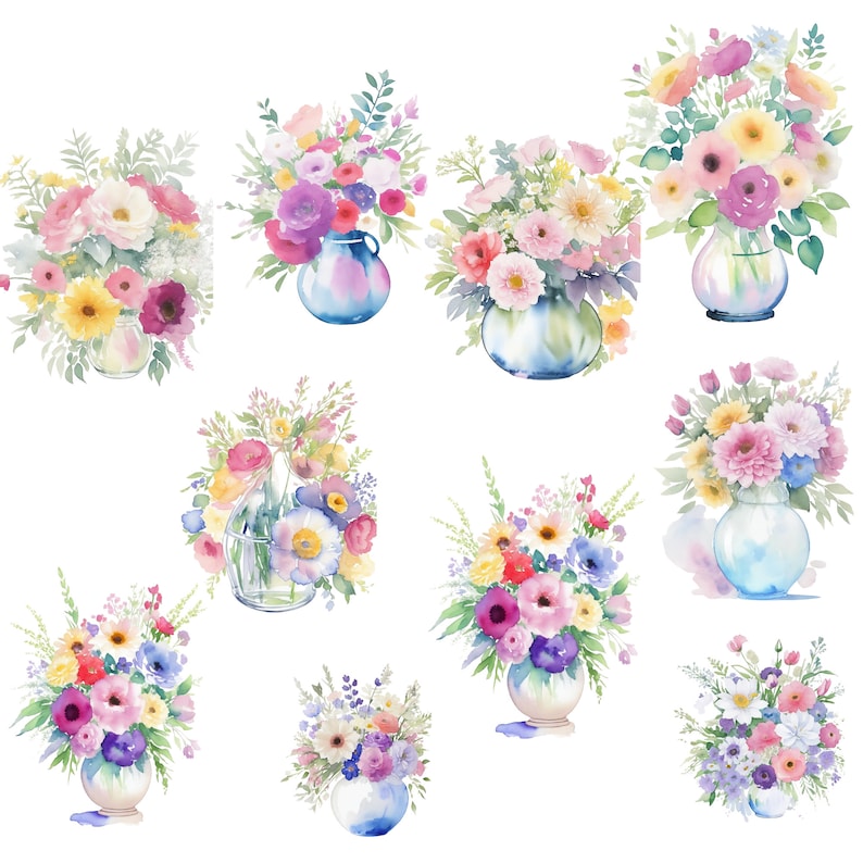 Watercolor Vase of Flowers Clipart - Floral Watercolor Clip Art in PNG ...