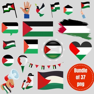 May include: A set of 37 PNG images showcasing the Palestinian flag in diverse designs. Includes flags, a heart, a hand with a heart, a dove, and a megaphone, all in red, white, black, and green.