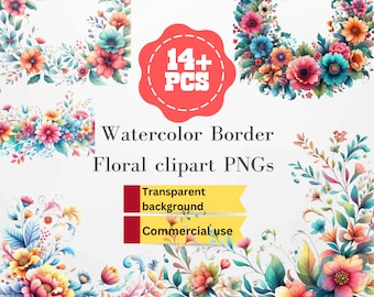 Floral Border Clipart PNG Watercolor Flowers Border, Bundle of 14+Transparent Background Digital Download PNG Graphics - Commercial Use