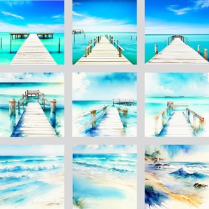 Stunning Ocean Beach Scenes, Light Blue Summer Dock Side, Waterfront Clipart Bundle of 36+ Digital Download PNG Graphics - Commercial Use