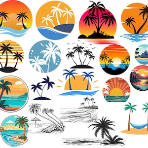 May include: A collection of 16 colorful illustrations featuring palm trees, sunsets, and ocean waves. The illustrations are perfect for creating tropical-themed designs for websites, social media, or printed materials.