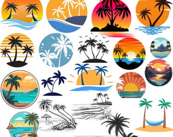 Beach scene Bundle png, Beach life, Island palm tree , Tropical island , Sunset beach , Instant Download