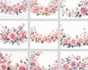 Pink Rose Border Clipart PNG Watercolor Pink Rose Border, Bundle of 10+Transparent Background Digital Download PNG Graphics - Commercial Use