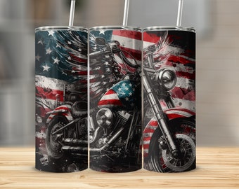 Motorrad American Flagge Tumbler Wrap, Vaterländischen Becher, Grunge Motorcyle Tumbler, Sublimationsbecher, Skinny 20 Unzen Tumbler Wrap # 2