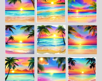 Watercolor Tropical Summer Beach Sunset Landscape Clipart Bundle of 20+Transparent Background Digital Download PNG Graphics - Commercial Use