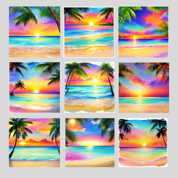 Watercolor Tropical Summer Beach Sunset Landscape Clipart Bundle of 20+Transparent Background Digital Download PNG Graphics - Commercial Use