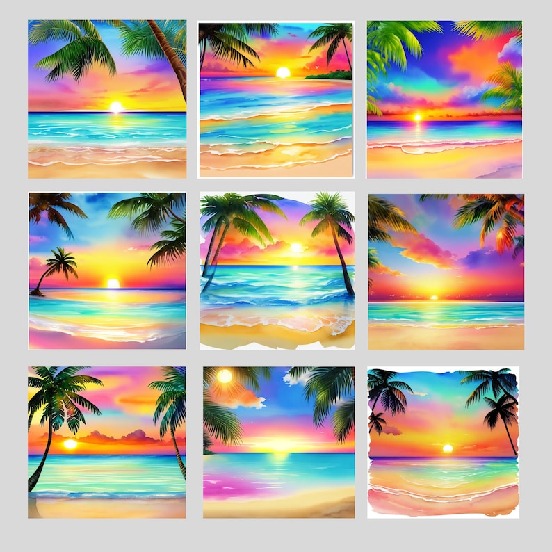 May include: Nine digital illustrations of tropical beaches with palm trees, turquoise water, and colourful sunsets. Each image features a different colour palette and composition.