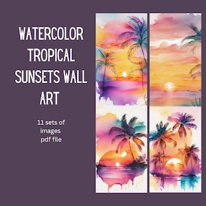 Watercolor Tropical Sunsets Clipart, 11 sets Pdf File, digital graphics, beach landscape for commercial use instant download wall print art