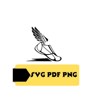 May include: Black and white silhouette of a running shoe with a wing on the heel. The shoe is in mid-air, as if it is taking off. The image is on a white background.