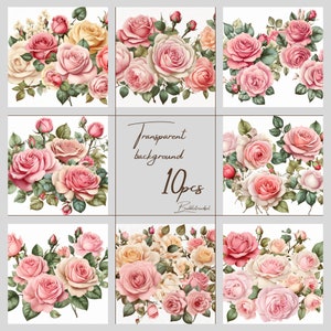 Roses Bouquet Clipart - 10 Vintage Style PNG Images,transparent background, Scrapbooking, Invitations, Decor, Easy To Use - Commercial Use