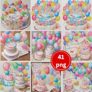 Watercolor Birthday Party Cake Present Balloons Clipart Bundle of 41 - white Background Digital Download PNG Graphics - Commercial Use #2